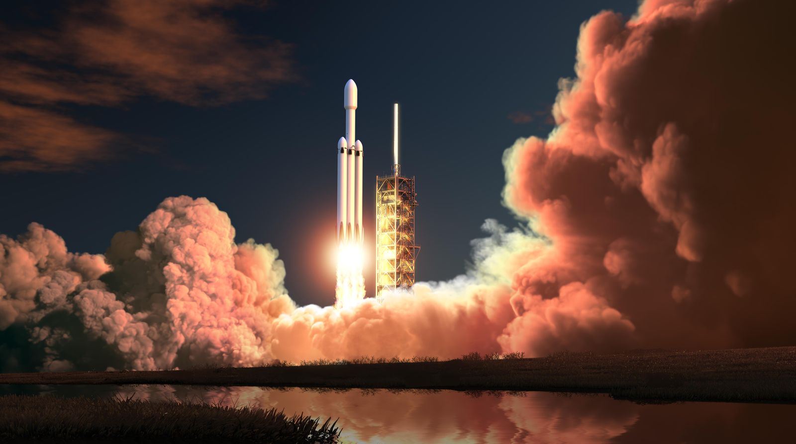 A rocket lifts off from a launch pad at dusk.