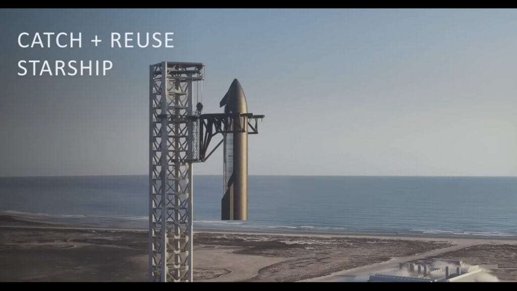Computer render of a Starship upper stage spacecraft caught by the launch tower arms (Chopsticks).