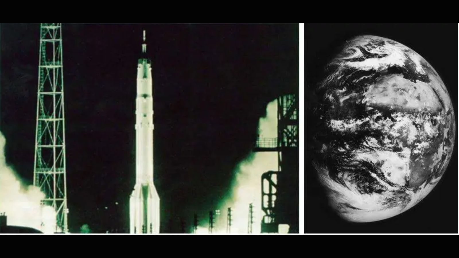 At left: The Soviet Union's Zond 5 mission launches on the first circumlunar flight on Sept. 15, 1968 from Baikonur, Cosmodrome. At right: A view of the Earth from deep space from Zond 5.
