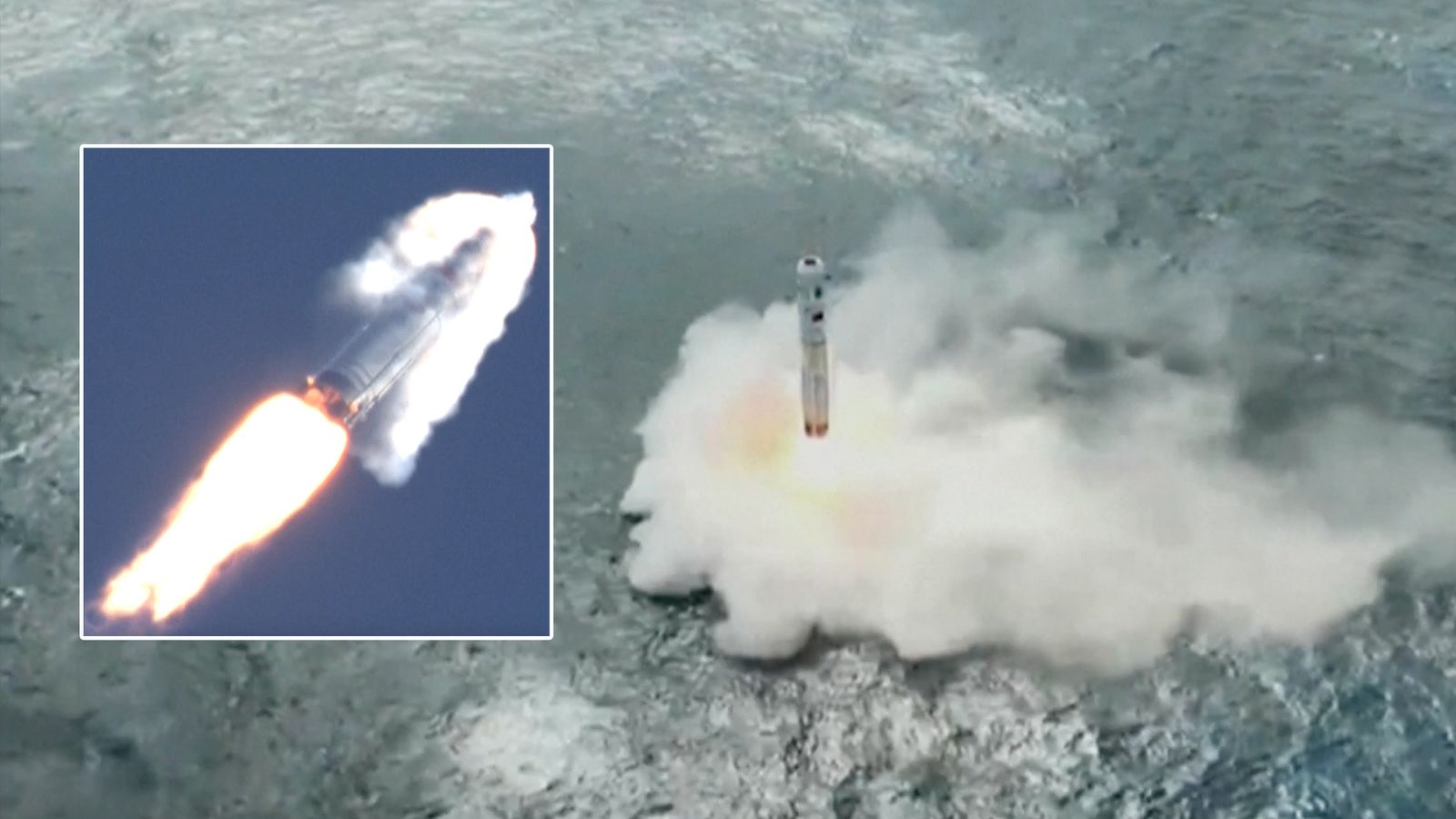 photo showing a rocket landing in the ocean, causing a large plume of water vapor to rise. an inset photo depicts a small conical spacecraft flying through a blue sky