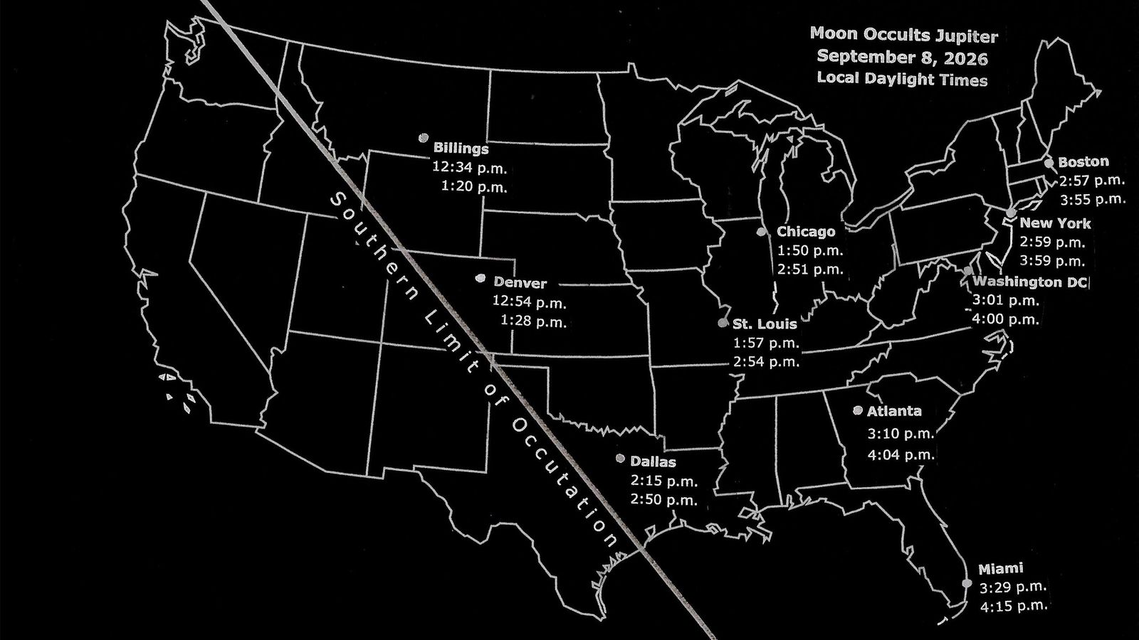 map of the US showing where the jupiter occultation is visible from on sept 8.