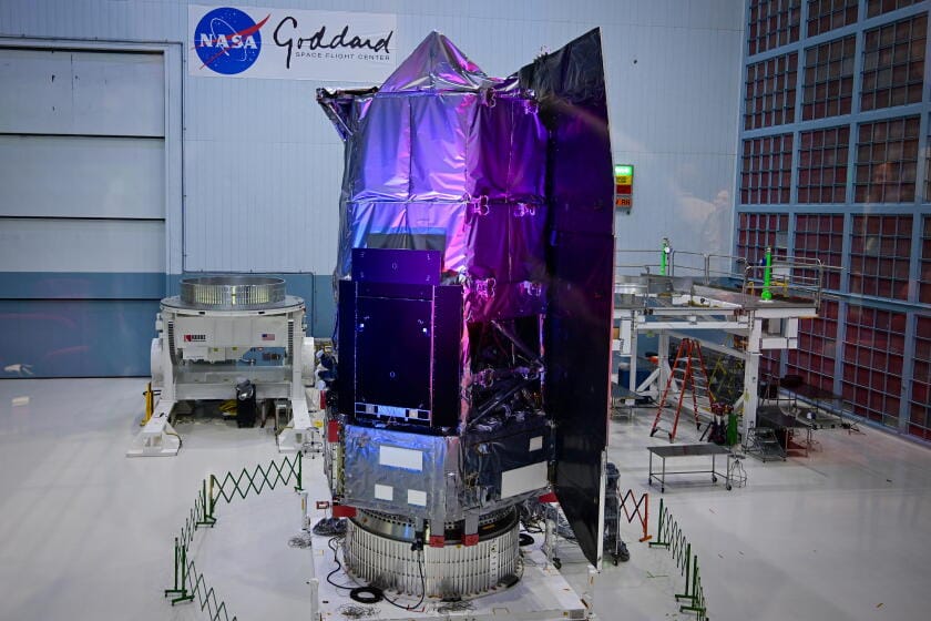 NASAas Nancy Grace Roman Space Telescope on display at the Goddard Space Center in Greenbelt. (Kevin Richardson/Baltimore Sun/Tribune News Service via Getty Images)