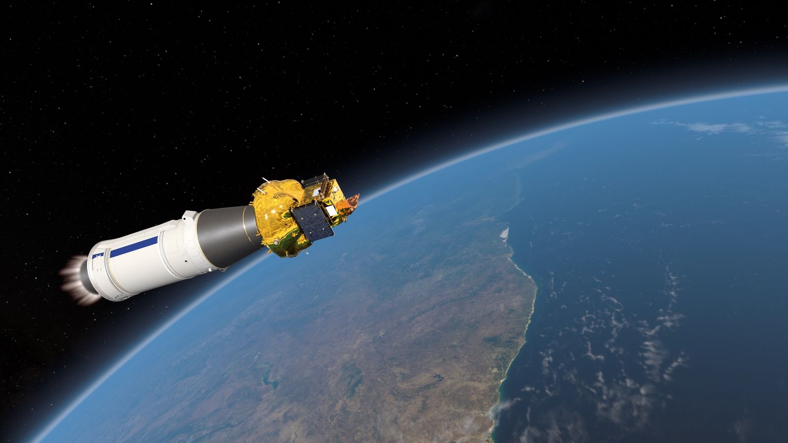 Artist's impression showing a shiny, golden spacecraft attached to a white and grey rocket part with earth in the background