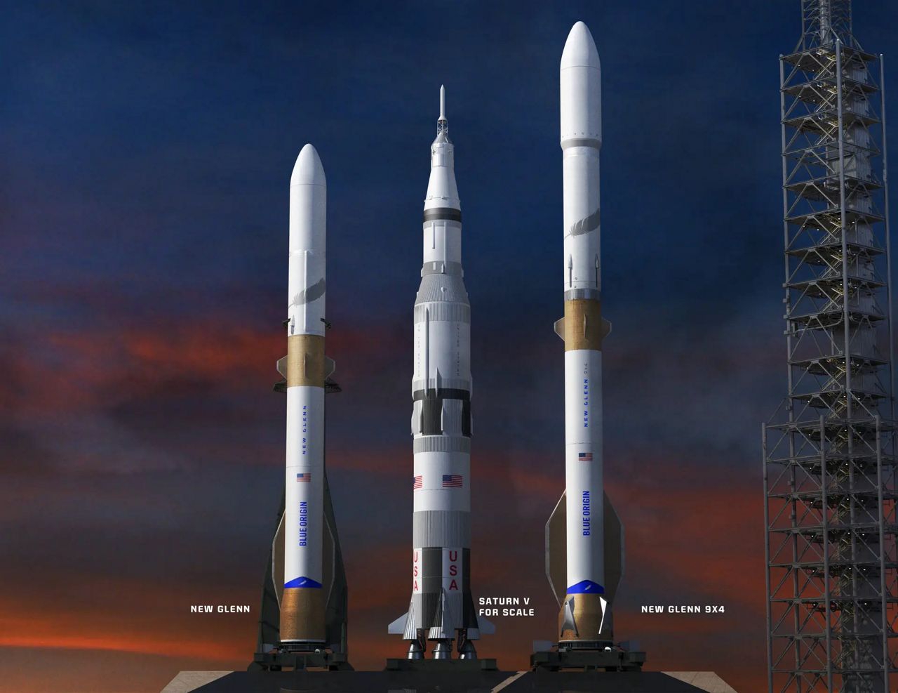 An artist rendering of the size comparison of the New Glenn 7x2, the Saturn, and the New Glenn 9x4 rockets. (Blue Origin)