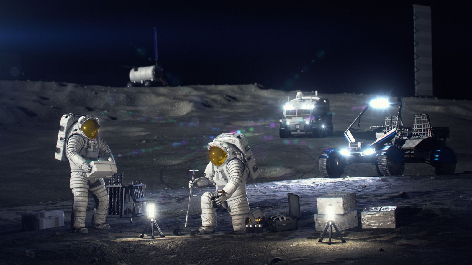 Astronauts working on the Moon (render)
