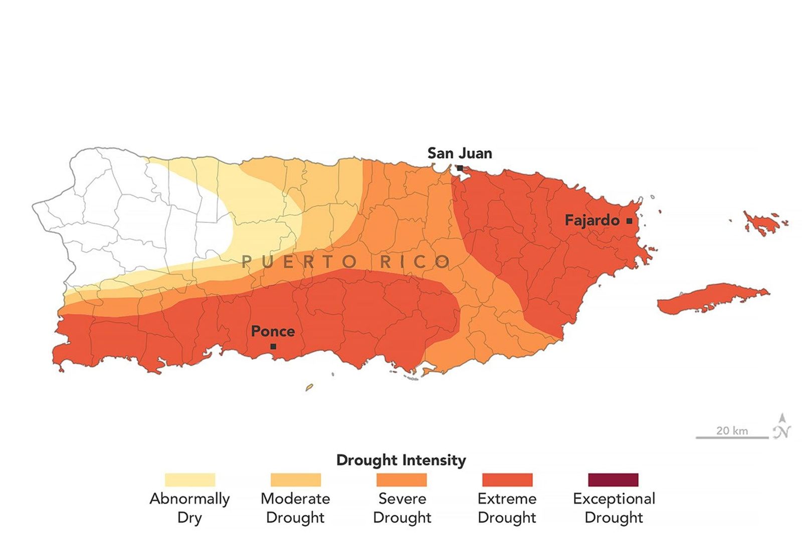 A map of Puerto Rico shows that 75 percent of the archipelago is abnormally dry or in drought. Areas of extreme drought, shown in dark orange, cover the eastern and southwestern regions of the main island.