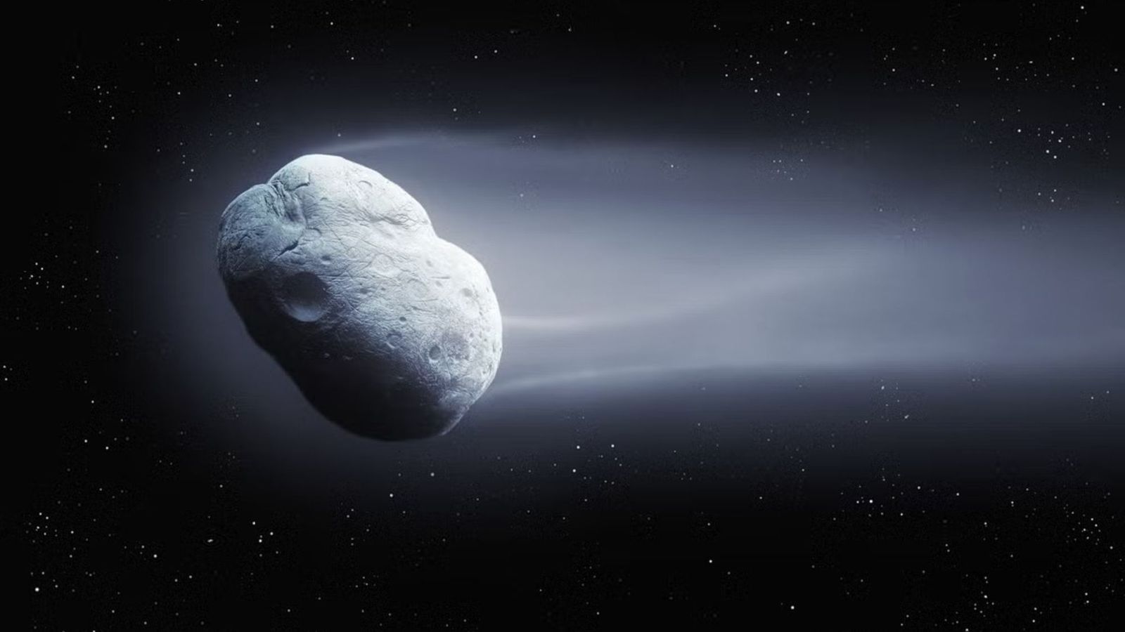 An illustration of a grayish white object with a trail of haze coming off it.