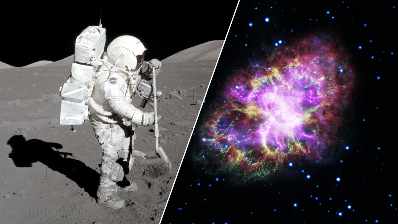 two images; one of an astronaut in a spacesuit standing on a dusty grey surface of the moon, the other of a colorful explosion in space