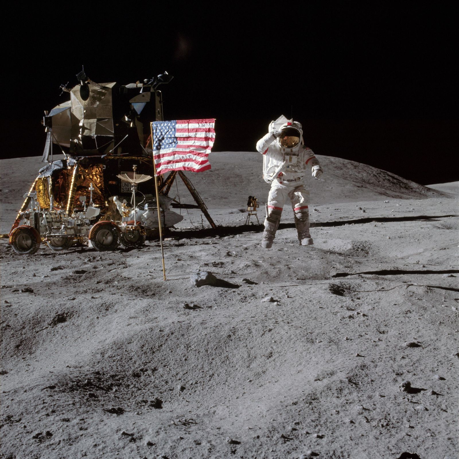 Apollo 16 LM and John Young on the lunar surface