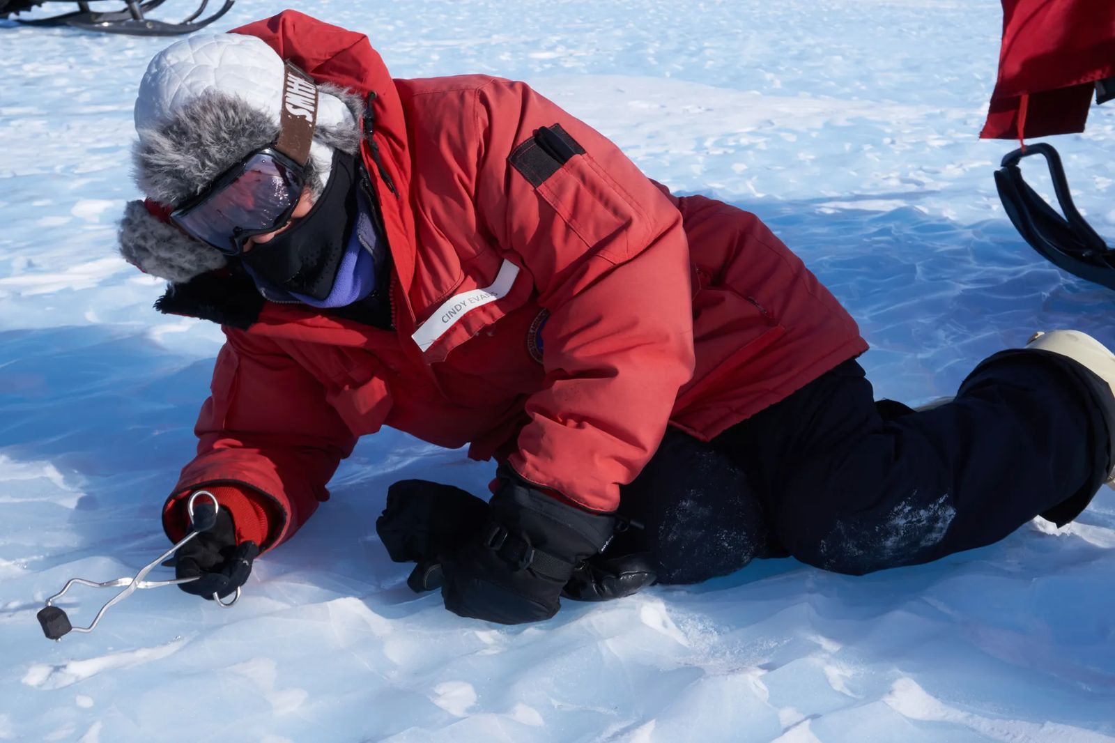 A scientist wearing a large red winter coat, furry hat, and ski goggles lays on the snowy ground while extracting a black piece of meteorite with metal tongs.