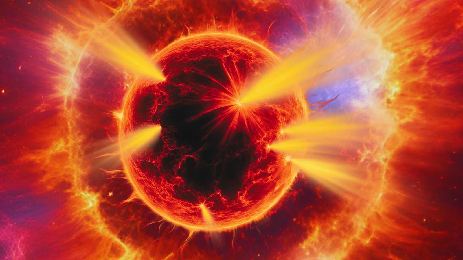 an orange ball with flashes of yellow light