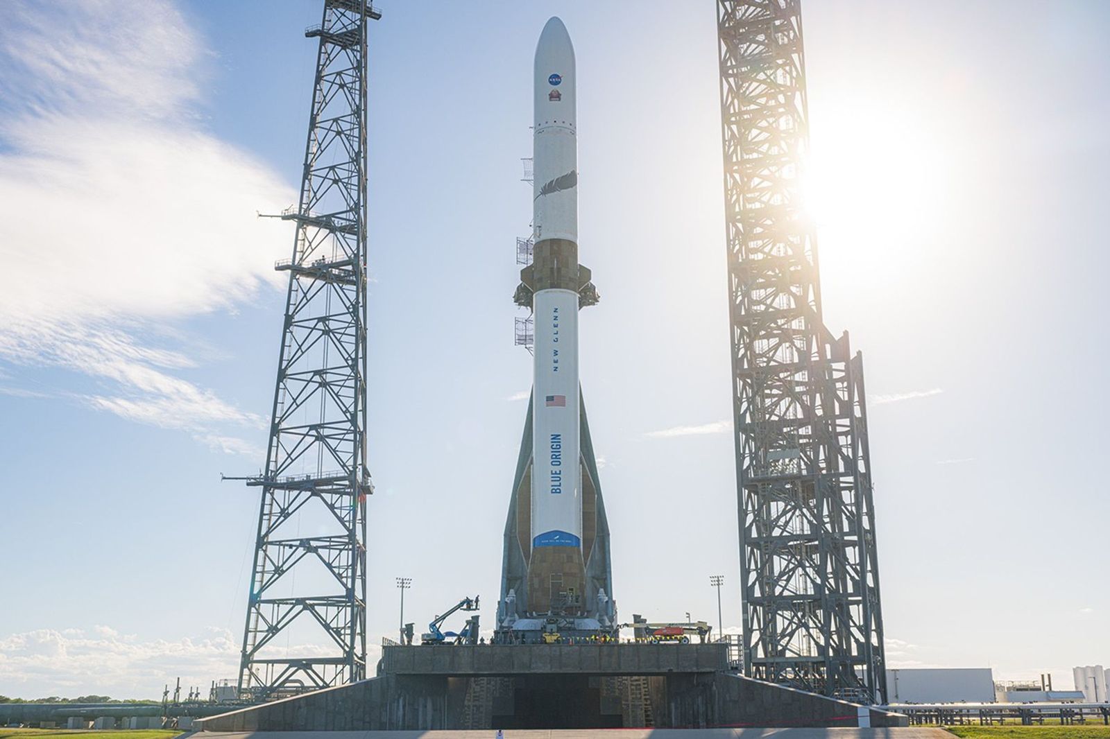 Blue Origin rocket carrying NASA's ESCAPADE is vertical on launch pad.