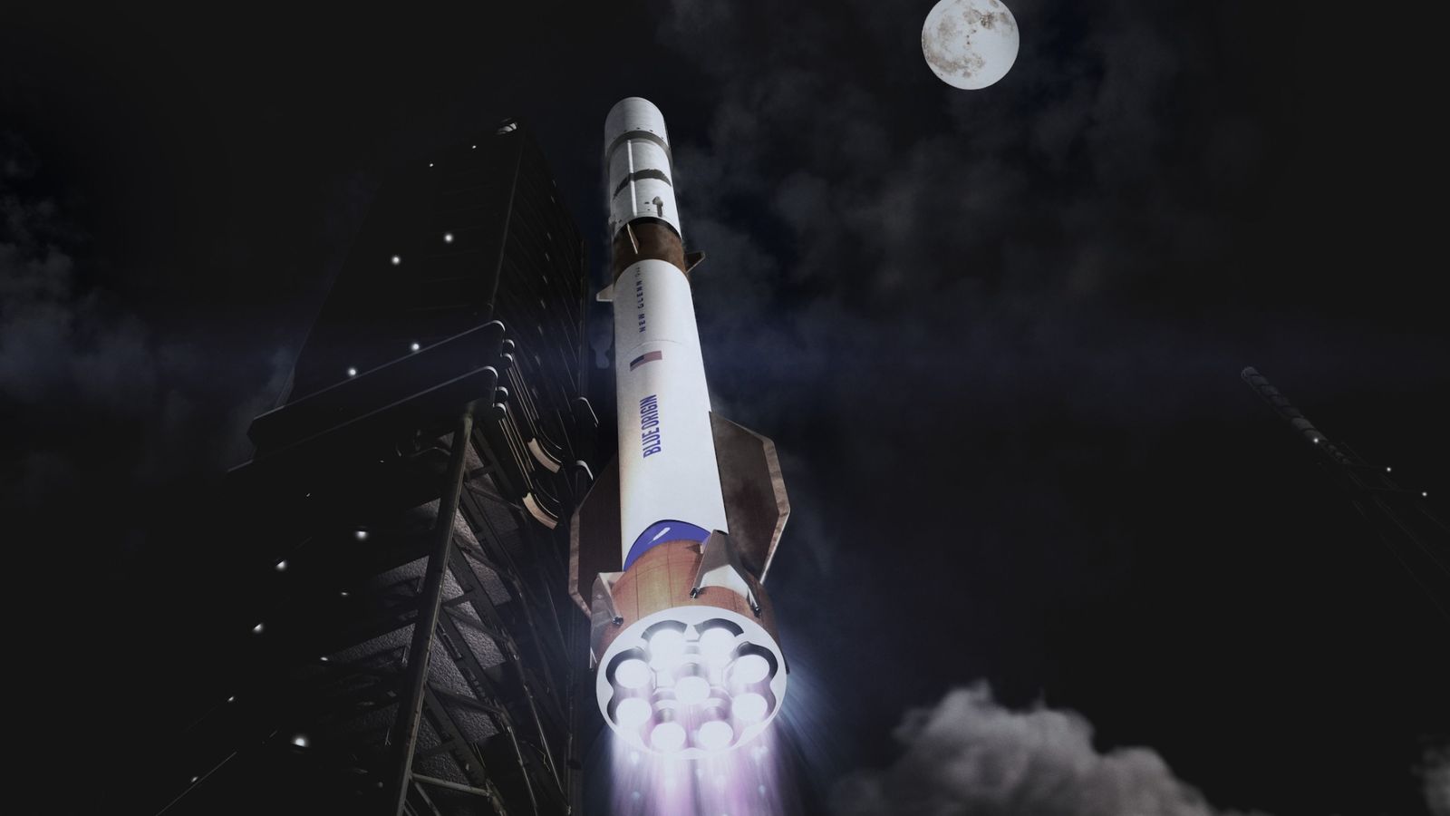 illustration of a big white rocket launching into a dark night sky with a full moon