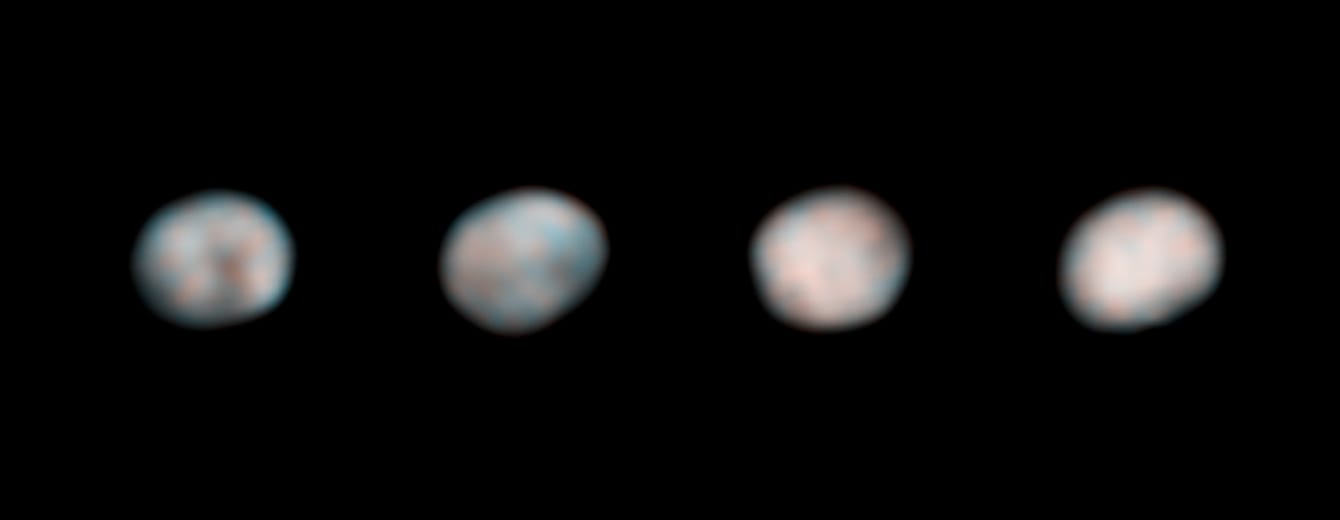 Four images, side-by-side, of the same object: a mottled spheroid mainly bluish-grey and white with a slight some tan areas.