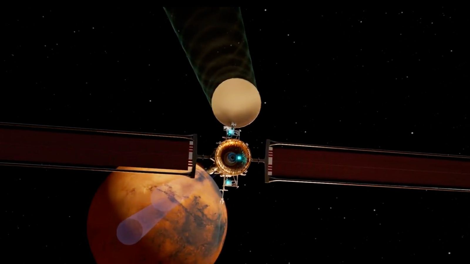 illustration of a spacecraft orbiting mars from a considerable distance
