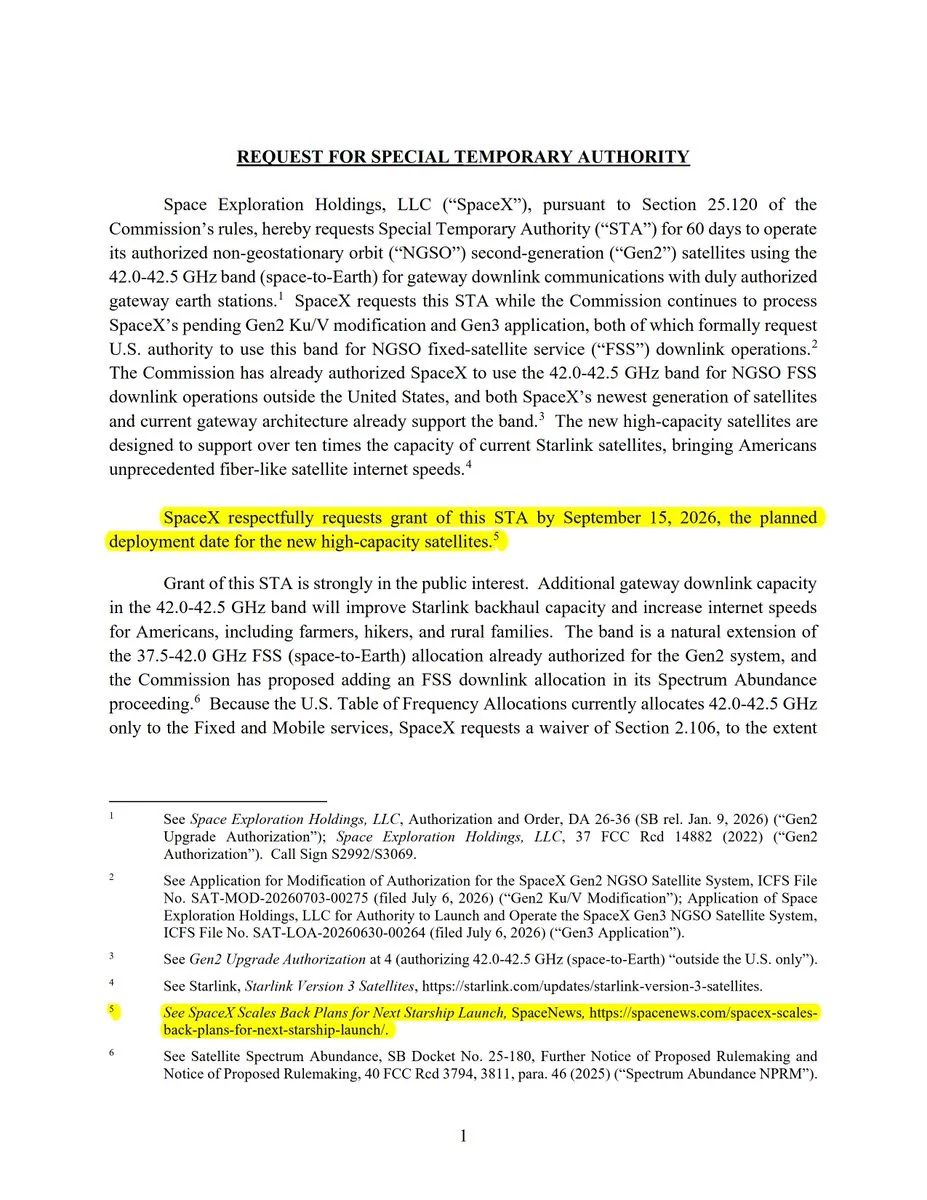 SpaceX FCC filing for Starlink V3 launch on Starship Flight 14