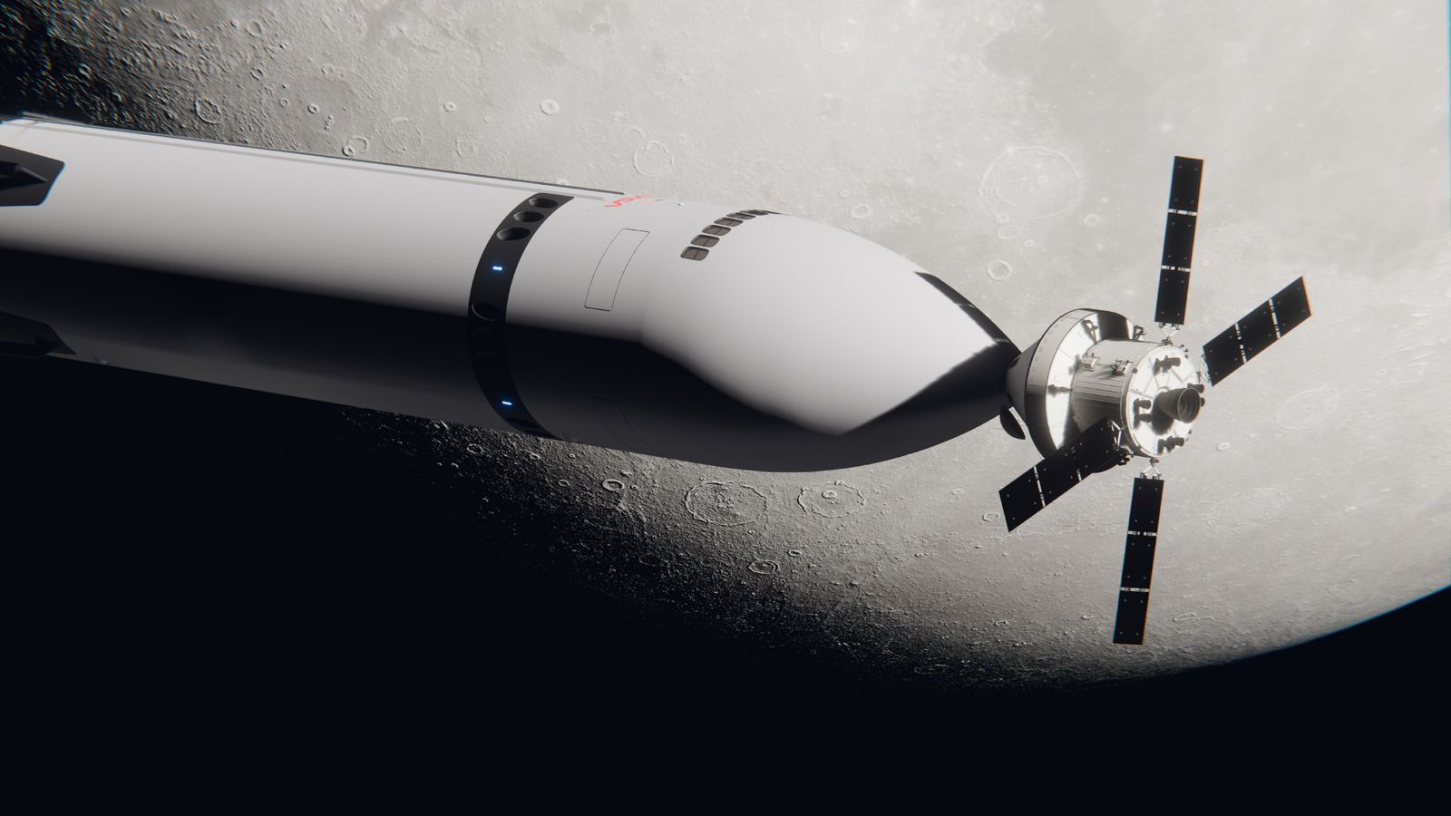 A NASA Orion spacecraft docked to a giant Starship moon lander artist concept