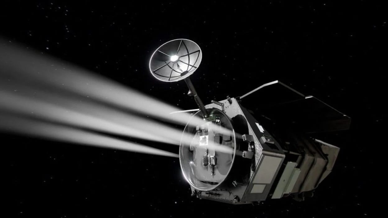An artist's rendering of Nancy Grace Roman Space Telescope propelling through space