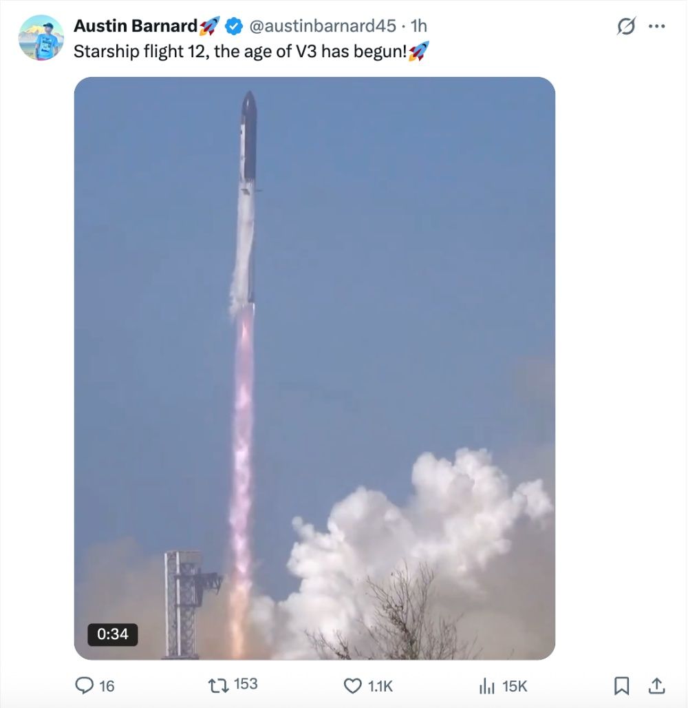 刚刚，马斯克SpaceX发射人类史上最大最强火箭！NASA局长点赞星舰V3