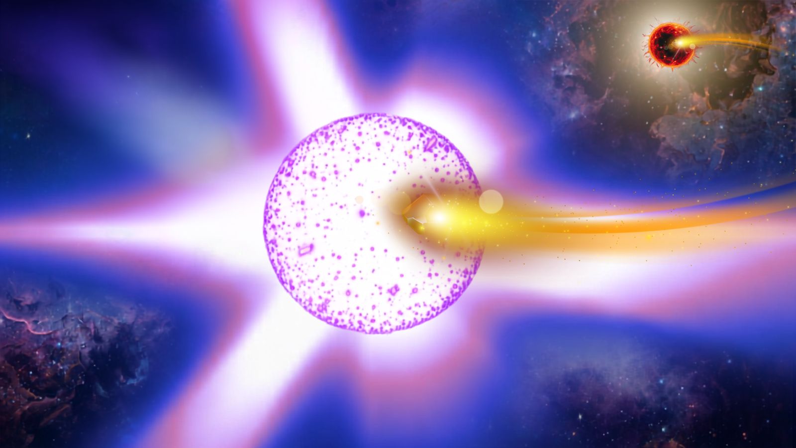 A purple sphere is illustrated with a yellow beam shooting from it and connecting it to a red sphere in the distance.
