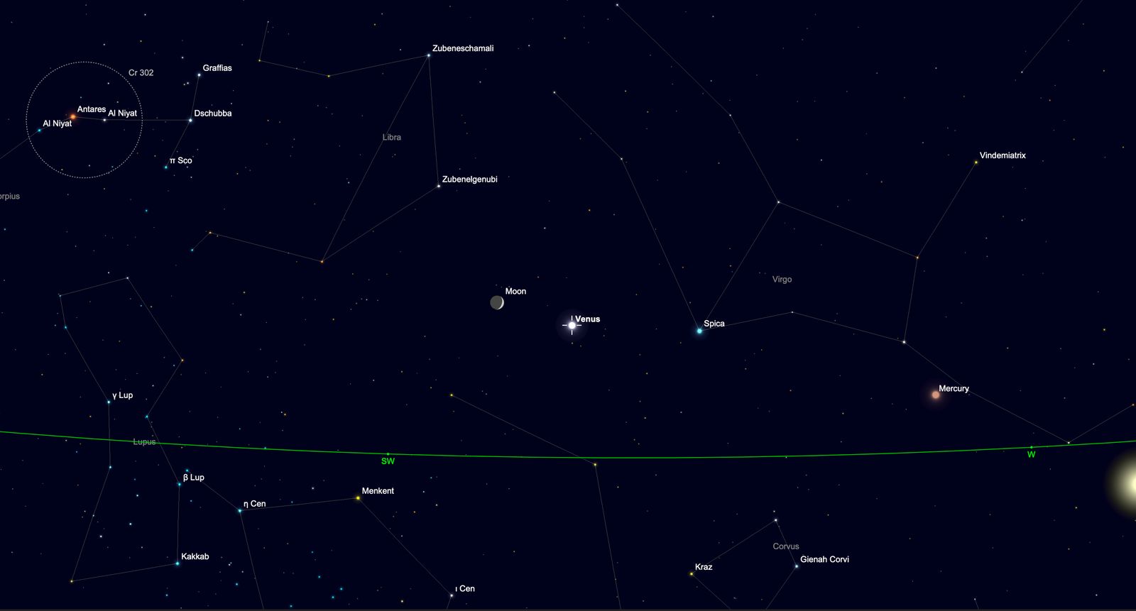 night sky graphic showing venus shining near the moon.