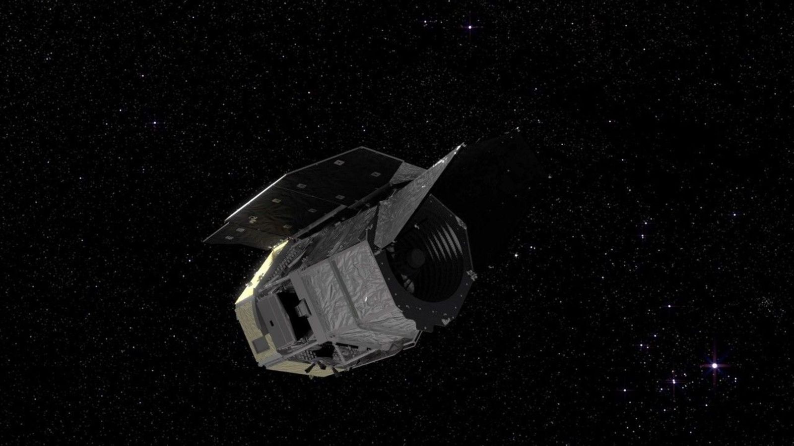 A visualization of a silvery spacecraft in a starry section of space.