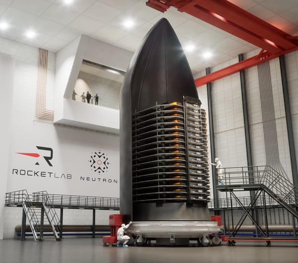 Artist's impression of Rocket Lab Flatellite spacecraft loaded into a Neutron launch vehicle fairing.