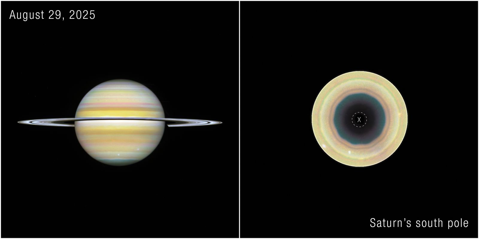 Side-by-side comparison of two views of the gas giant Saturn, labeled “August 29, 2025” at the top left corner. At left is a straight-on view of Saturn, a globe with pale yellow horizontal bands at the equator and orange and pink at the mid-latitudes. Some bands towards the north and south pole have a light blue hue. There are prominent horizontal rings circling at the equator. At right, labeled “Saturn’s south pole,” the south-polar view of Saturn shows concentric bands in its atmosphere, mostl