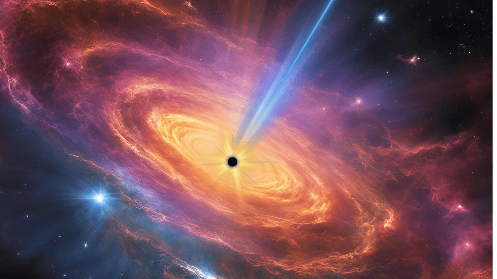 An orange and purple swirl with a black circle at its center. A bright tail emerges from the black circle