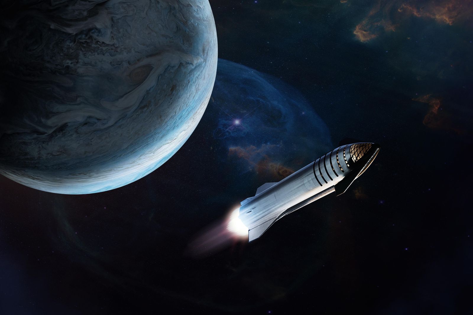 A Starship-style rocket fires its engines in space beside a blue planet.