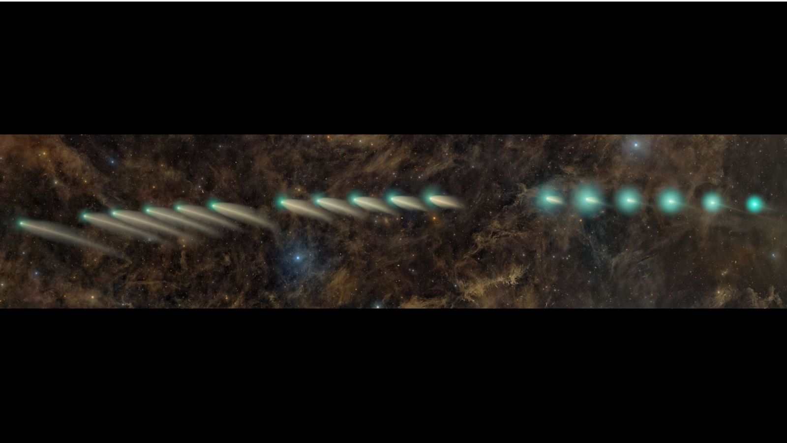 A mosaic showing a comet's movement through a cloud of interstellar dust and gas as its coma and tail evolved in the wake of an outburst.