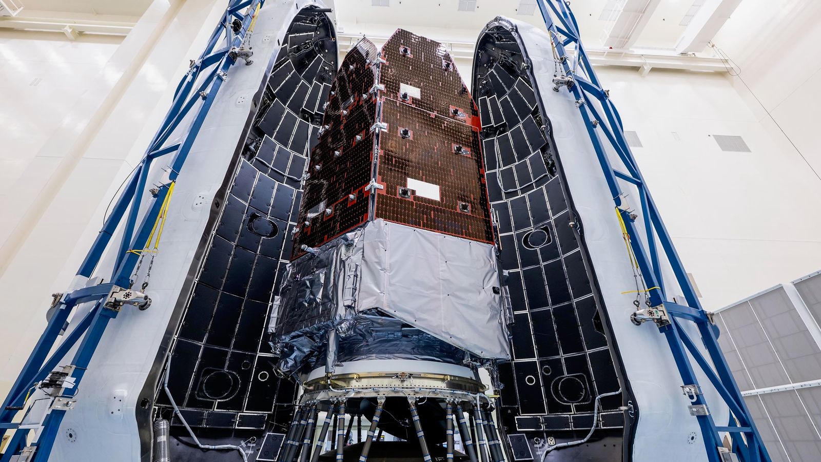 NASA's Nancy Grace Roman Space Telescope is encapsulated in the payload fairing of its SpaceX Falcon Heavy rocket.