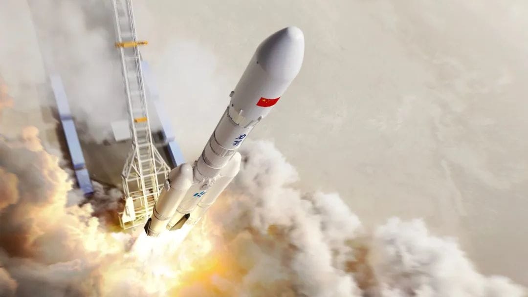 artist's illustration of a white rocket launching, in a top-down view from just above the payload fairing.