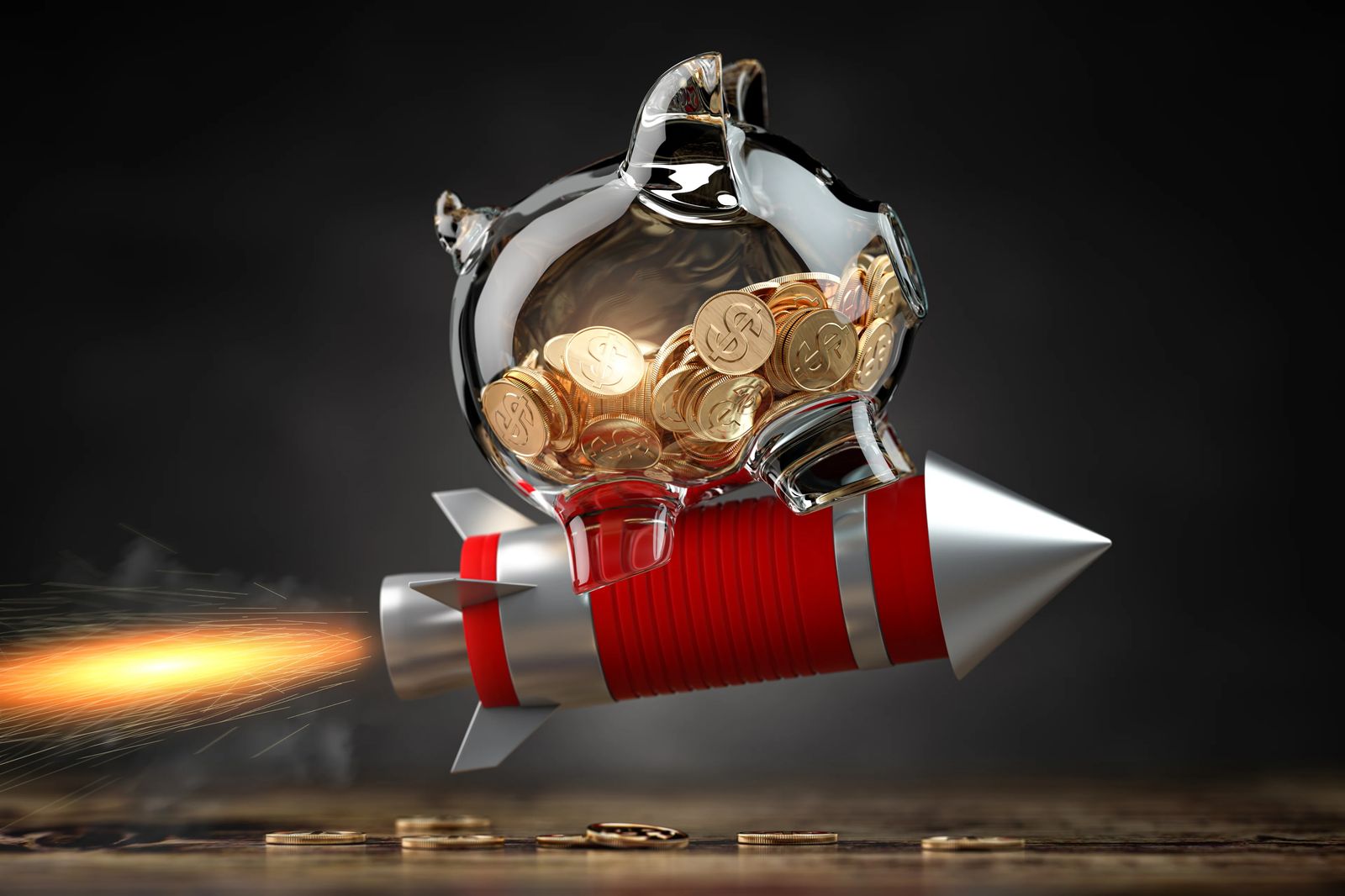 A rocket shooting with a piggy bank on the back of it.