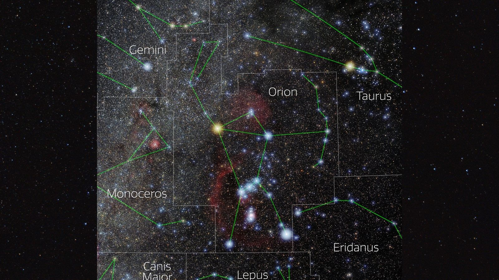 night sky map showing the constellation Orion in the night sky.