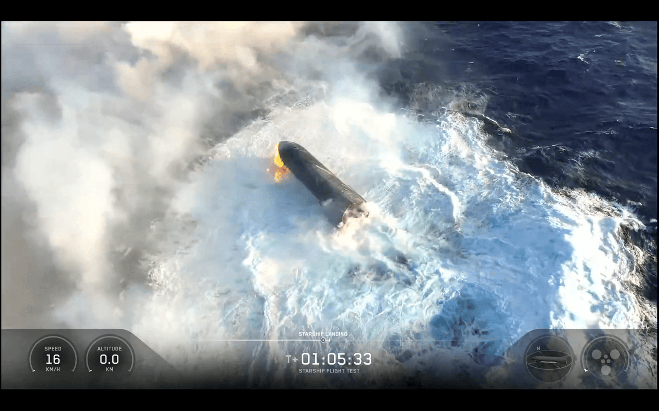 A SpaceX Starship vehicle floats in the Indian Ocean after Flight 13 splashdown