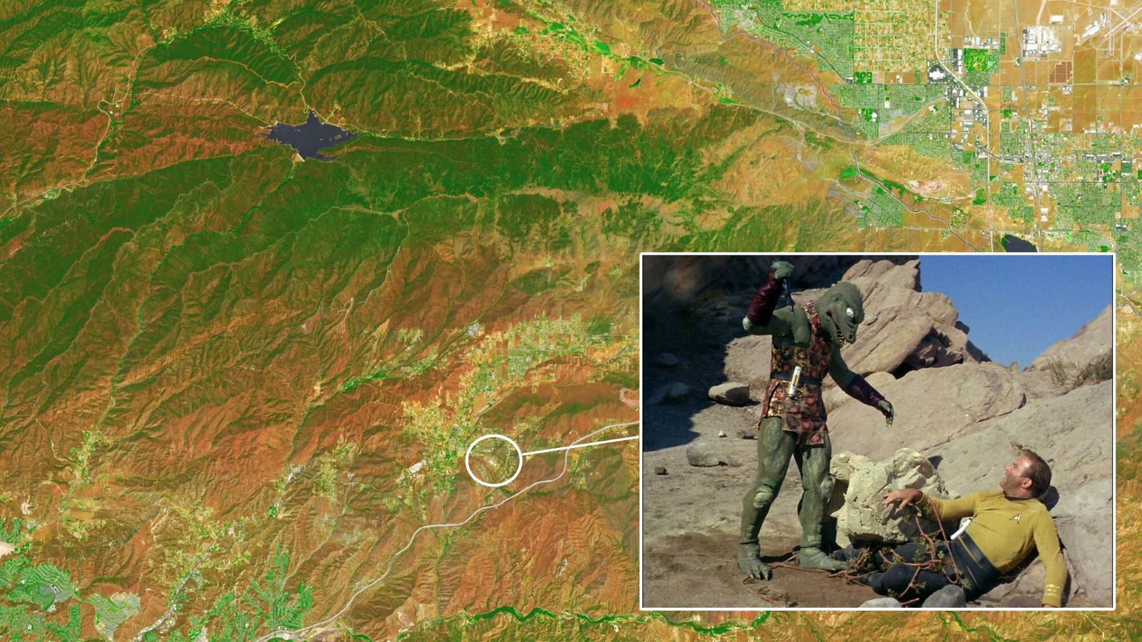 Captain Kirk and the Gorn face off in the corner of the screen pointing to the filming location on a satellite image below.