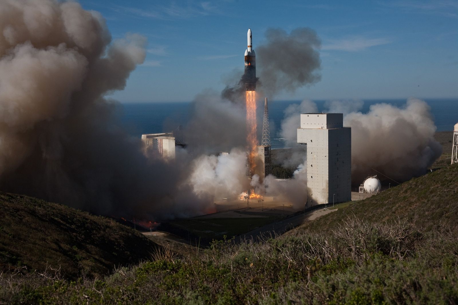 Delta IV Heavy liftoff from SLC-6 (NROL-49)