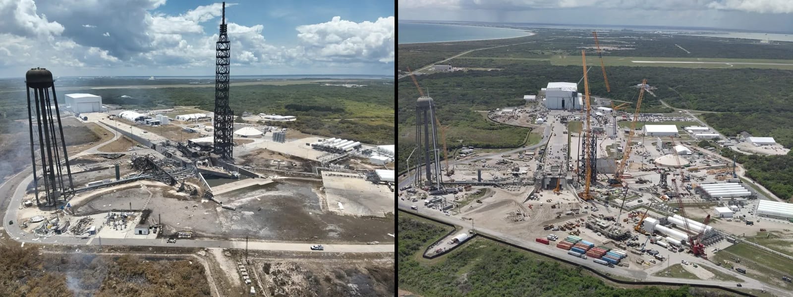 compareblueoriginpad0915 Damage at Blue Origin's Launch Complex 36 seen from drone footage on May 29 after a massive pad explosion, left, with progress on rebuild construction as of September 11. (Courtesy/Blue Origin)