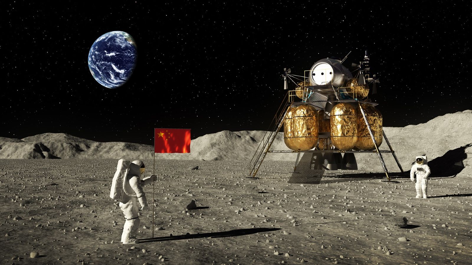 astronauts on the moon planting a Chinese flag