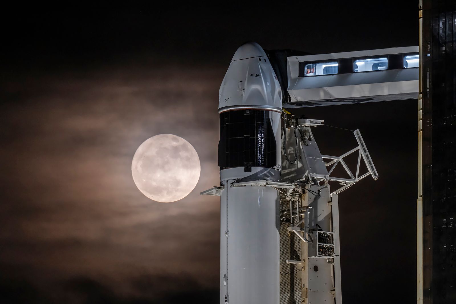 Crew Dragon at night with full Moon (Axiom-4)