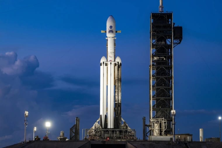 NASA’s Nancy Grace Roman Space Telescope aboard a SpaceX Falcon Heavy rocket at Kennedy Space Center, Fla., on Saturday.