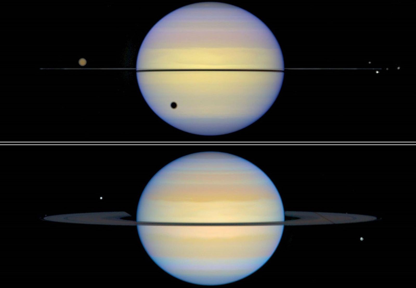 Two images of Saturn, side-by-side. In the top image, where Saturn's rings are edge-on, they appear as a black line across the planet. Saturn's large moon Titan appears as an orange sphere above the rings on the left side, casting a shadow onto Saturn's lower-left, and four more smaller moons are visible at the right edge of Saturn's rings. In the bottom image, the rings aren't quite edge-on and more easily visible. One moon is above the rings on the left side, a second (much smaller) moon is at