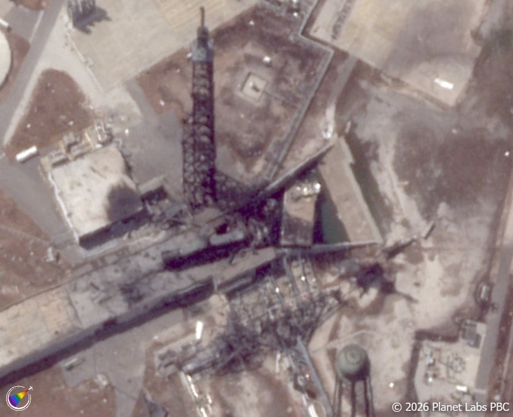 Satellite view of the aftermath of a rocket explosion on a lanchpad.