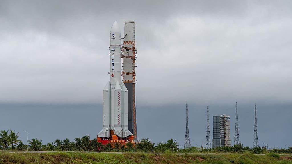 The Chang'e-7 lunar probe and the Long March-5 Y14 carrier rocket sits vertically on the launching area at the Wenchang Spacecraft Launch Site