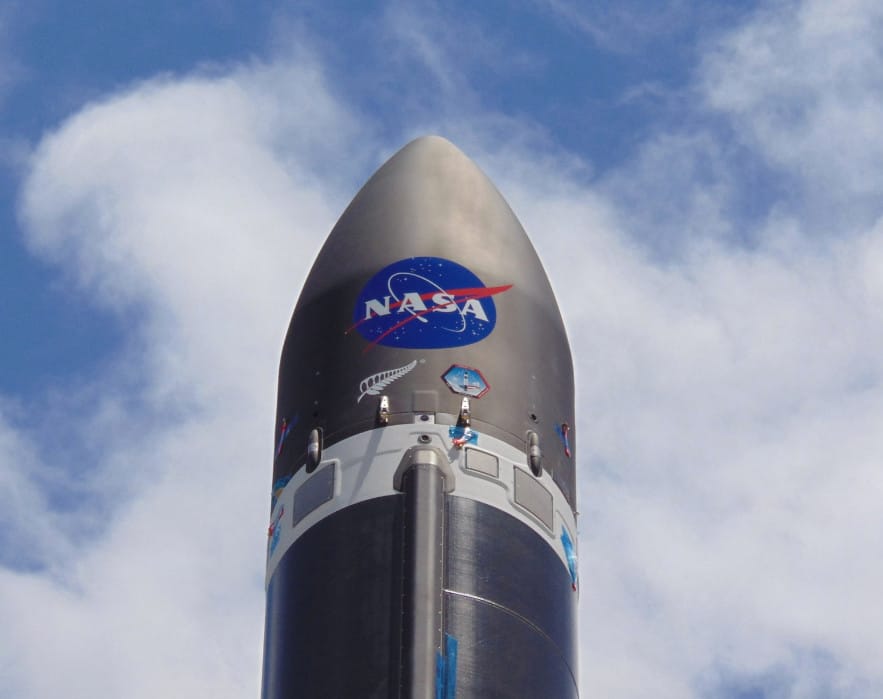 A Rocket Lab Electron booster is decked out with a big NASA logo ahead of the company's first launch for the U.S. space agency from its New Zealand launch site, on the North Island's Mahia Peninsula. Liftoff is scheduled for Dec. 12, 2018.