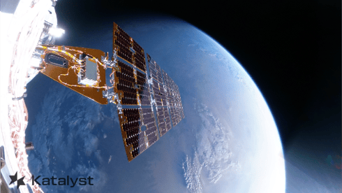 the solar panel of a spacecraft extends from the left to the center, high above the Earth in space.
