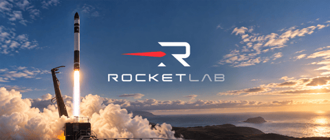 Rocket Lab logo beside a rocket launching from a coastal pad amid smoke and clouds at sunset.