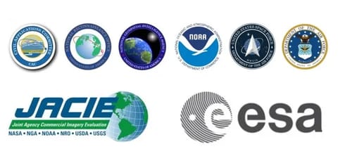 A collection of the logos of the CSDA program's federal and international partners. Shown here are the logos for including the Civil Applications Committee, National Geospatial-Intelligence Agency, National Oceanic and Atmospheric Administration, National Reconnaissance Office, U.S. Department of Agriculture, U.S. Geological Survey, United States Space Force, the United States Air Force, the Joint Agency Commercial Imagery Evaluation, and the European Space Agency.
