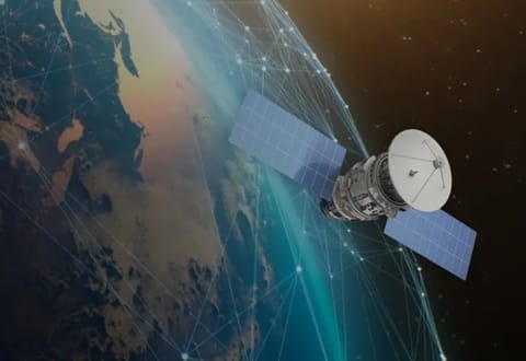 A generic satellite orbits above Earth. On the surface, blue dots connected by lines are visible, symbolizing data points and the connections between them.